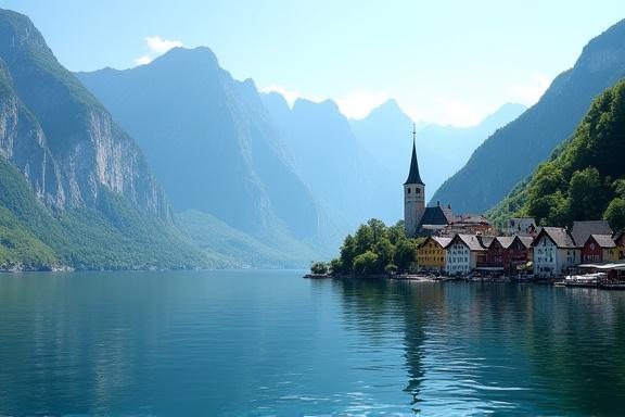 Blick von einem Boot auf das Dorf Hallstatt und die umliegenden Berge.