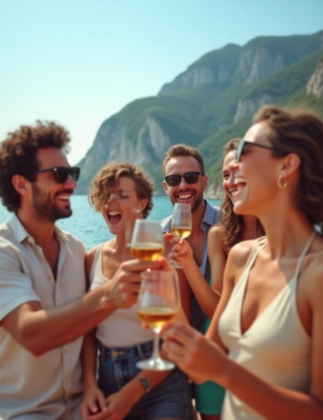 Lachende Gäste mit Weingläsern auf dem Sonnendeck einer Yacht vor malerischer Bergkulisse.